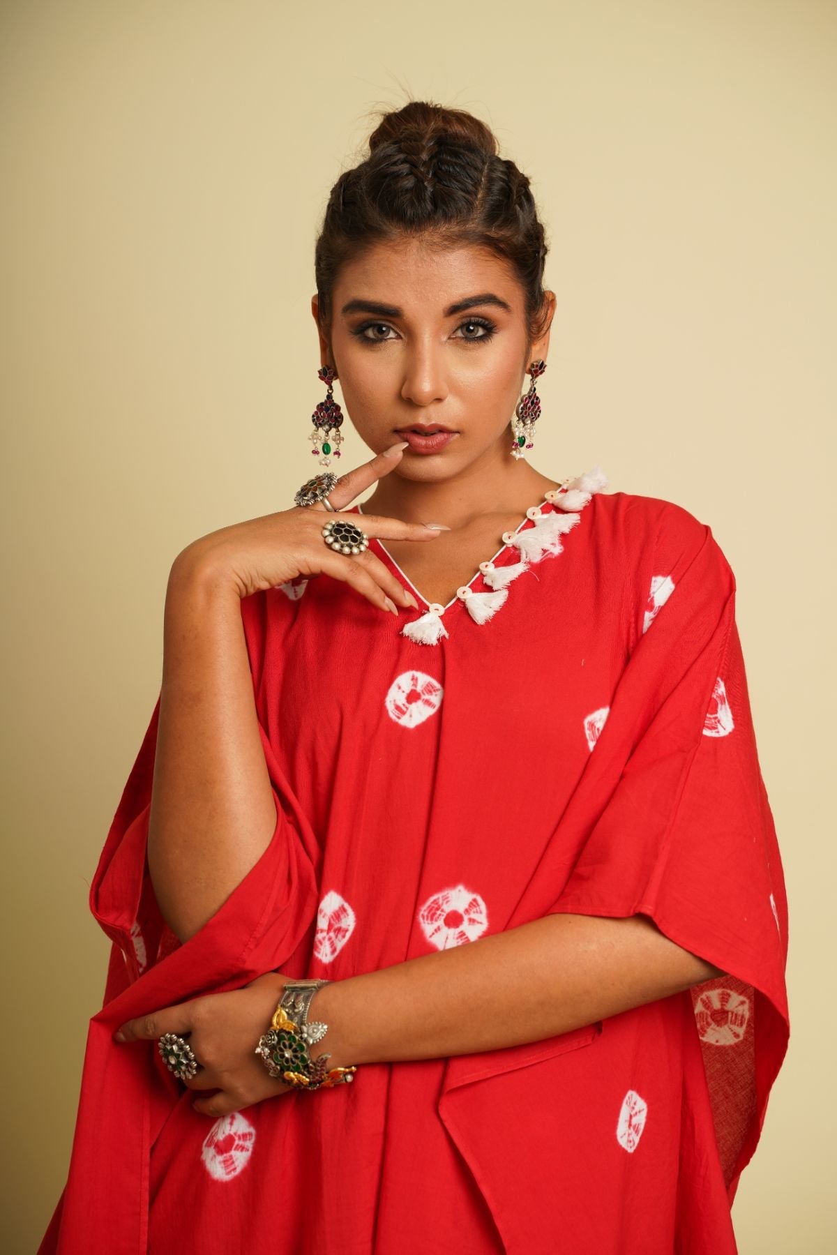Red Embroidered Cotton Co-ord Set at Kamakhyaa by Keva. This item is 100% cotton, Co-ord Sets, For Anniversary, Fusion Wear, Kaftan Set, Natural, New, Ombre & Dyes, party, Party Wear Co-ords, Red, Relaxed Fit, Saba, Womenswear
