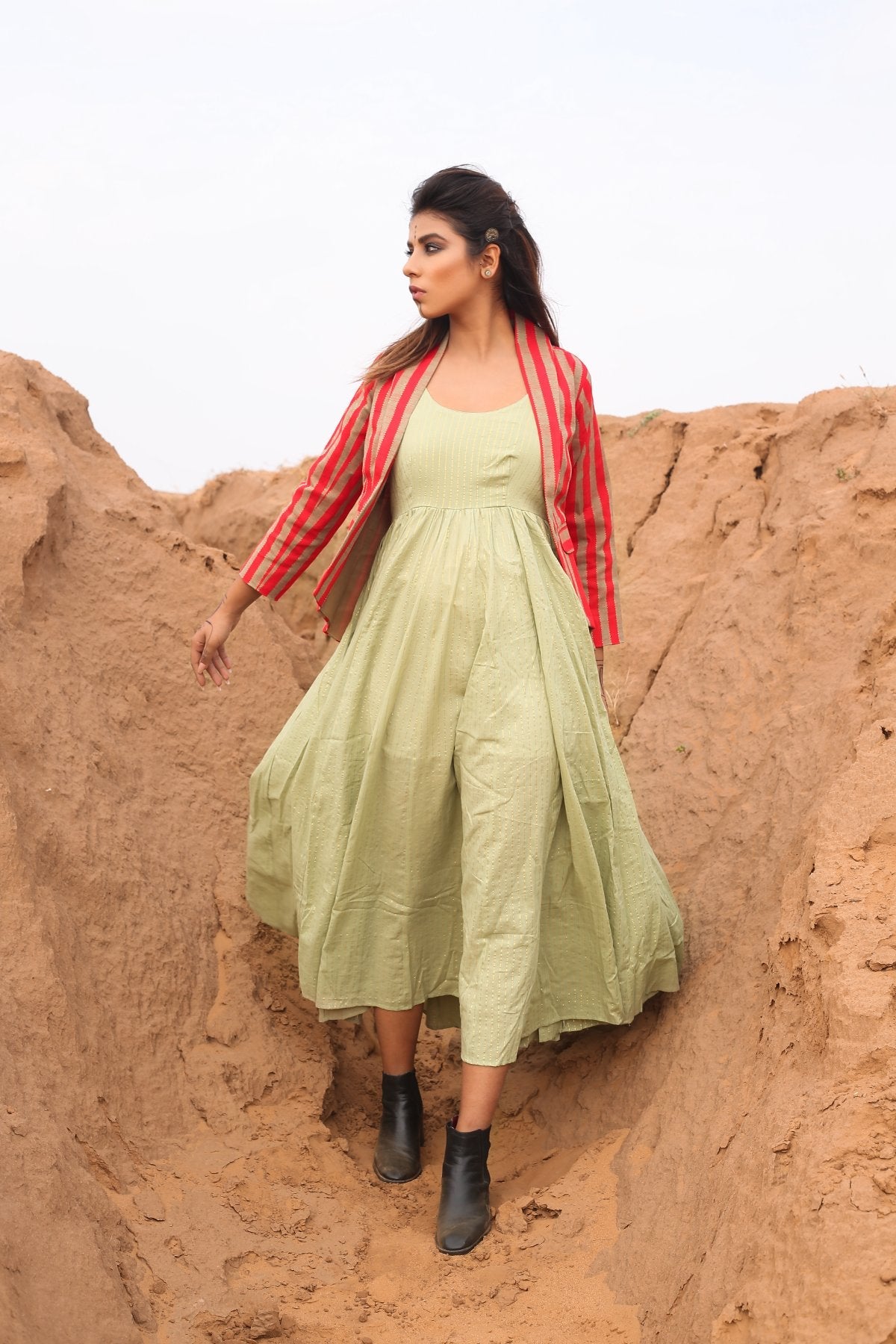 Red Striped Short Jacket With Spaghetti Dress Cotton Maxi Dress