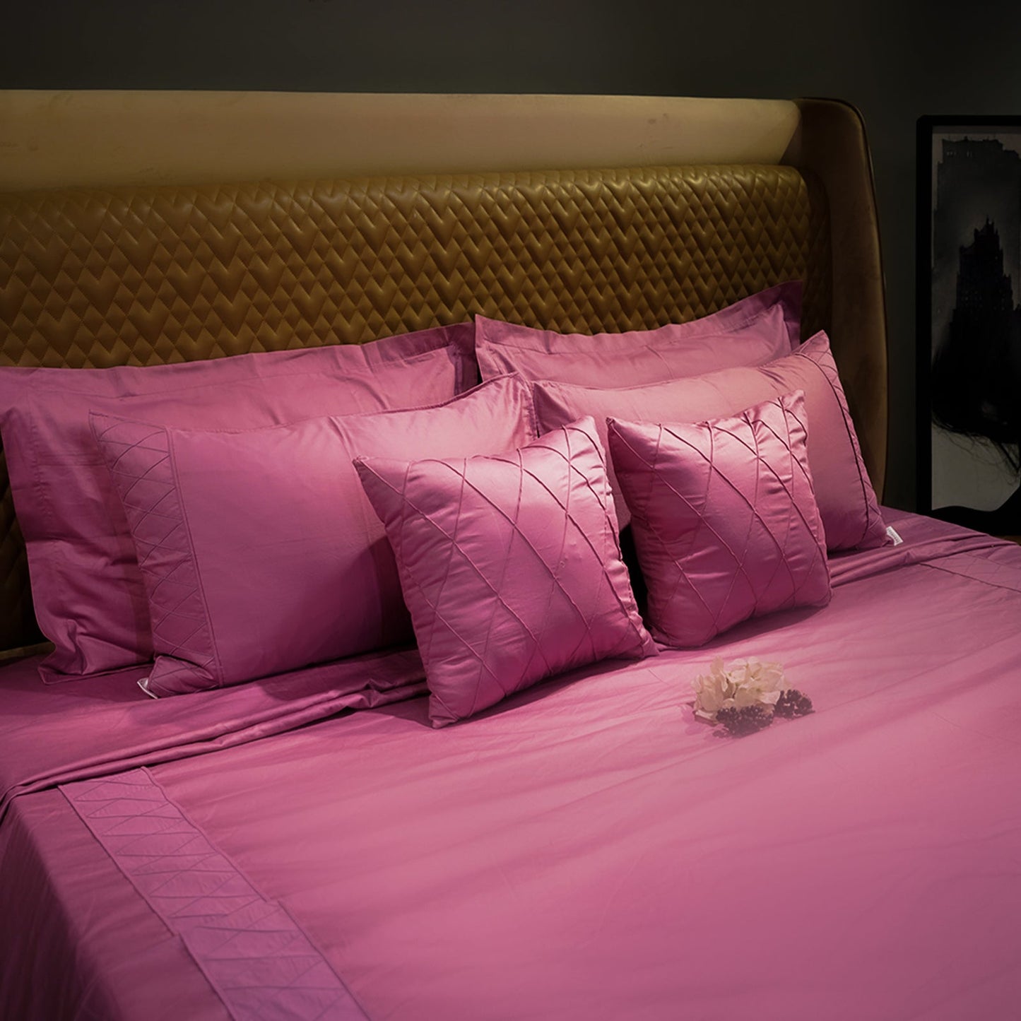 Rose Quartz Diamond Simplicity Bedsheet Set with Pillow Covers at Kamakhyaa by Aetherea. This item is 100% Cotton, 300 TC, 400 TC, 500 TC, Cushion, Designer Bedsheets, Diamond, Home, King, Pink, Queen, Solid