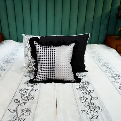 Rosebud Elegance Bed Cover with Pillow Covers & Cushion/s at Kamakhyaa by Aetherea. This item is 100% Cotton, Bed Covers, Black, Home, Light Grey, Plaids, Rose, Sheer, Upcycled