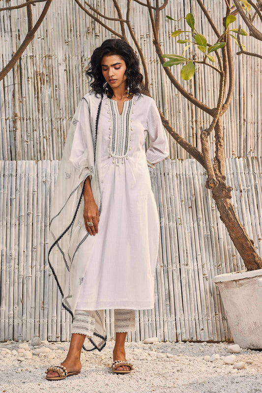 Shell White Cotton Straight Kurta with Pant - Set of 3 at Kamakhyaa by Charkhee. This item is Cotton, Cotton Satin, Dobby Cotton, Festive Wear, Indian Wear, Kurta Pant Sets, Kurta Set With Dupatta, Natural, Off-white, Organza, Regular Fit, Shores 23, Textured, Wedding Gifts, Womenswear