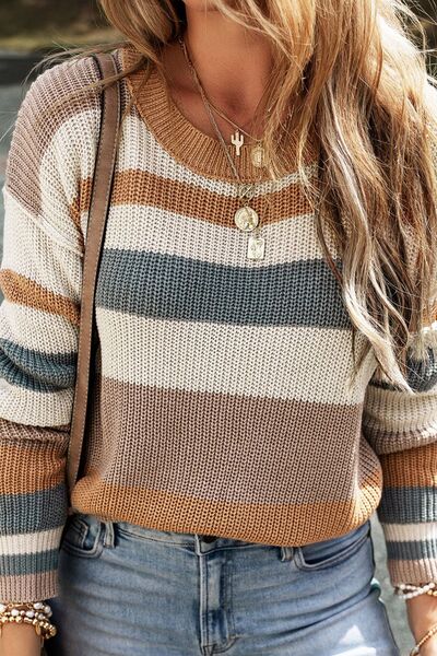 Striped Round Neck Dropped Shoulder Sweater at Kamakhyaa by Trendsi. This item is Ship From Overseas, SYNZ, Trendsi, Womenswear