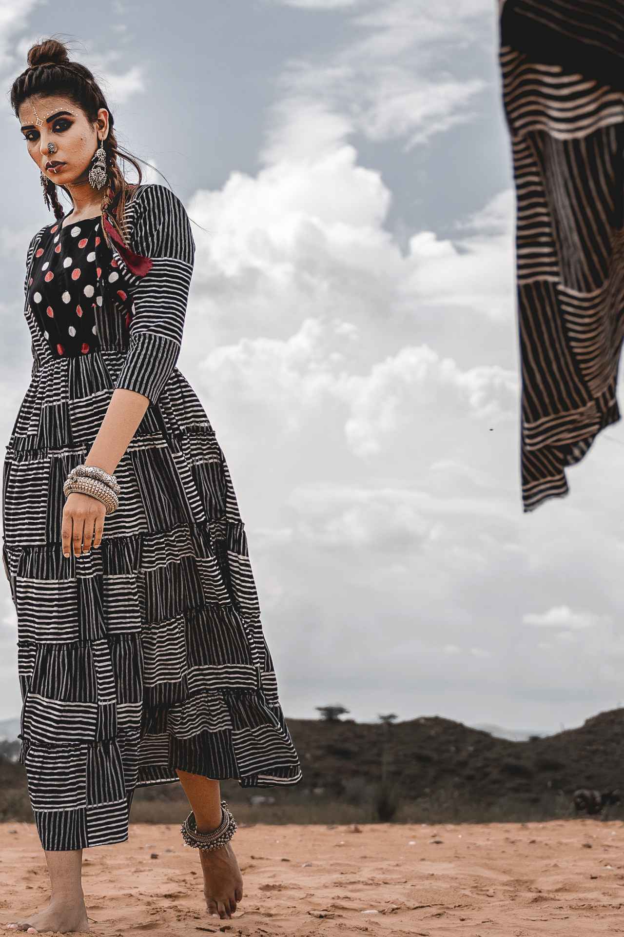 Tiered Sleeve Dress at Kamakhyaa by Keva. This item is Black, Block Prints, Cotton, Midi Dresses, Natural, Printed Selfsame, Relaxed Fit, Resort Wear, Tiered Dresses, Wild Child, Womenswear
