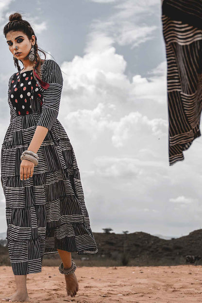 Tiered Sleeve Dress at Kamakhyaa by Keva. This item is Black, Block Prints, Cotton, Midi Dresses, Natural, Printed Selfsame, Relaxed Fit, Resort Wear, Tiered Dresses, Wild Child, Womenswear