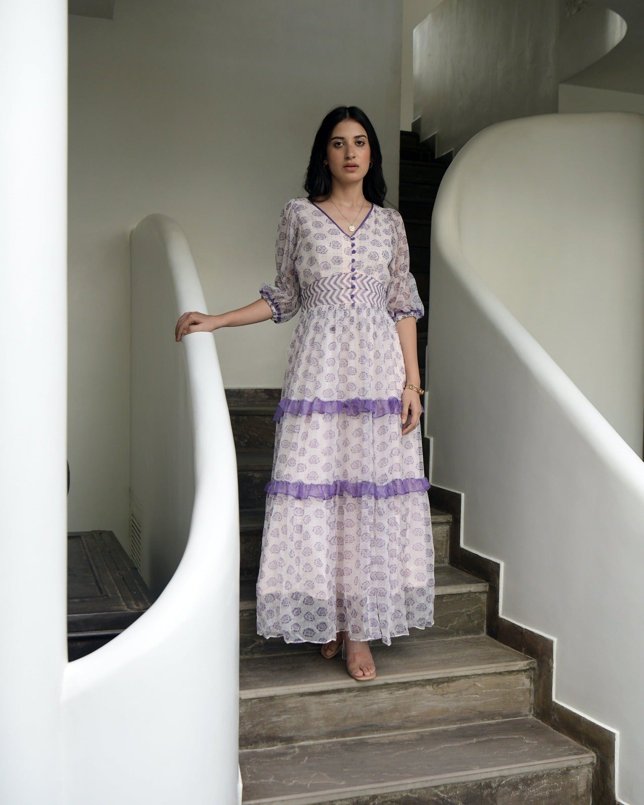 White Chiffon Printed Tiered Dress at Kamakhyaa by Taro. This item is Chiffon, Evening Wear, Handwoven cotton, Indo-Western, July Sale, July Sale 2023, Natural, Prints, Regular Fit, Tiered Dresses, White, Wildflower Taro, Womenswear