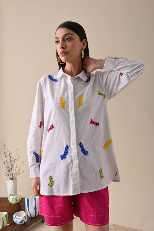 White Embroidered Shirt at Kamakhyaa by Kanelle. This item is 100% Cotton, Casual Wear, July Sale, Life in Colours, Natural with azo dyes, Regular Fit, Shirts, Textured, White, Womenswear
