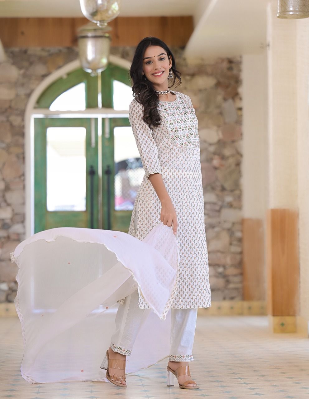 White Printed Kurta Set With Dupatta