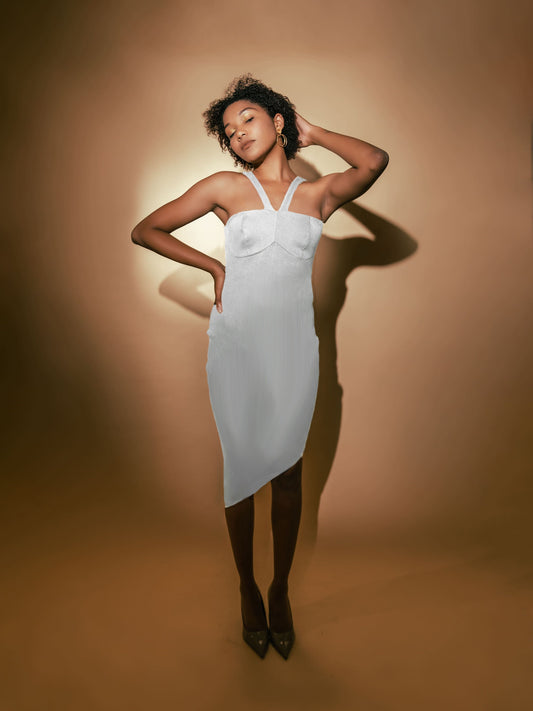 White Solid Mini Dress at Kamakhyaa by Meko Studio. This item is Cotton, Deadstock Fabrics, Evening Wear, For Her, Halter Neck Dresses, July Sale, July Sale 2023, Lycra, Mini Dresses, Slim Fit, Solids, Verao SS-22/23, White, Womenswear
