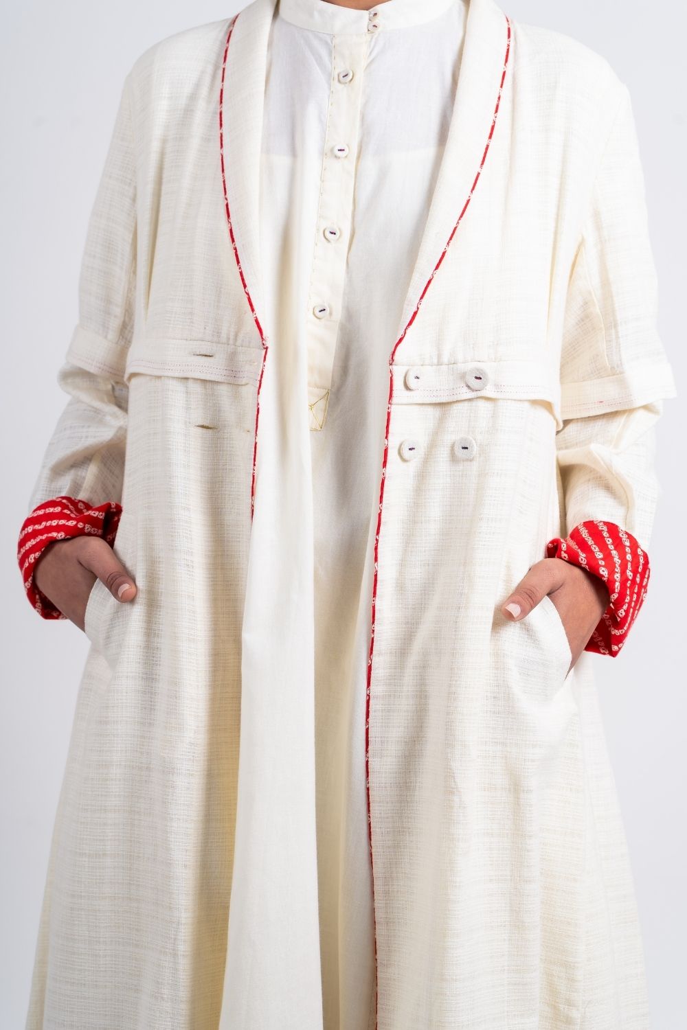 White Textured Long Jacket at Kamakhyaa by Ahmev. This item is Casual Wear, Coats, Handloom Cotton, Highend fashion, July Sale, July Sale 2023, Natural, Solids, White, Womenswear