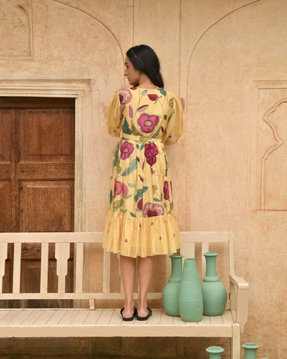 Yellow Printed Midi Dress at Kamakhyaa by Taro. This item is Azo Free Dyes, Chanderi Silk, Evening Wear, Garden Of Dreams, July Sale, July Sale 2023, Midi Dresses, Prints, Relaxed Fit, Womenswear, Wrap Dresses, Yellow