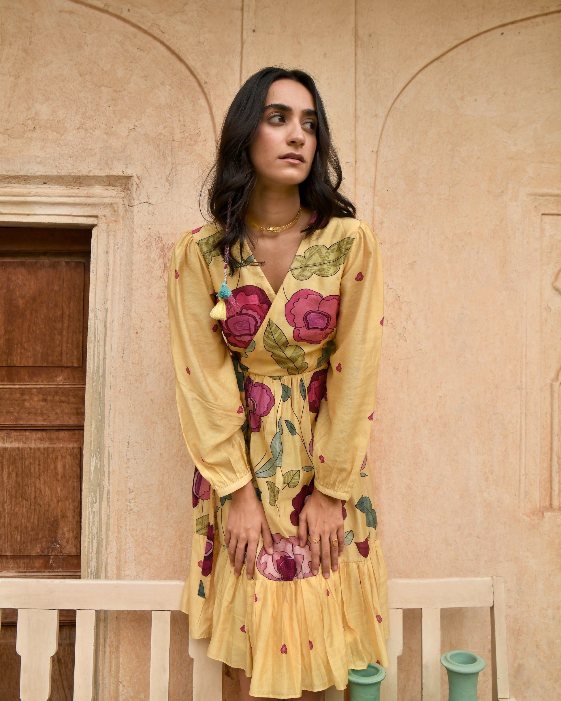 Yellow Printed Midi Dress at Kamakhyaa by Taro. This item is Azo Free Dyes, Chanderi Silk, Evening Wear, Garden Of Dreams, July Sale, July Sale 2023, Midi Dresses, Prints, Relaxed Fit, Womenswear, Wrap Dresses, Yellow