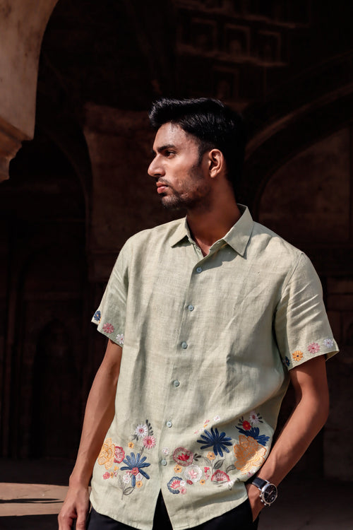 100% Hemp Green Embroidered Hemp Shirt at Kamakhyaa by Ewoke. This item is 100% Hemp, Floral, Hemp, menswear, menswear shirts, Missing image, Nostalgia's Thread by Ewoke, shirts, sustainable fashion, Under $150
