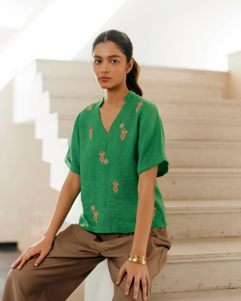 100% Hemp Hemp Pine Top at Kamakhyaa by Ewoke. This item is 100% Hemp, embroidered top, Floral, Missing image, Nostalgia's Thread by Ewoke, printed top, sustainable fashion, Under $100