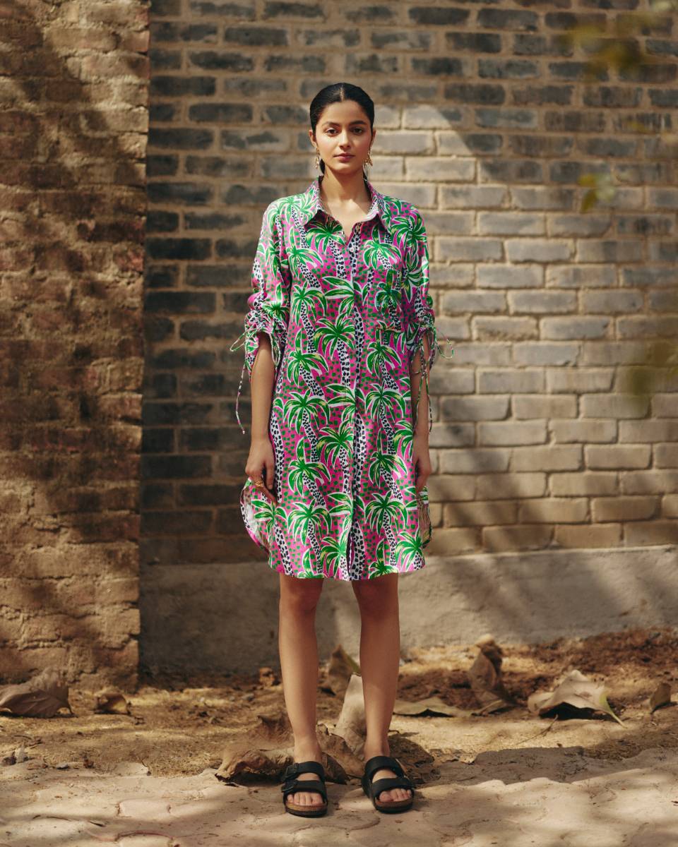 100% Hemp Palm Print Hemp Shirt Dress at Kamakhyaa by Ewoke. This item is 100% Hemp, Holiday wear, Midi Dress, Nostalgia's Thread by Ewoke, Pink, printed dress, Under $150, womens midi dress