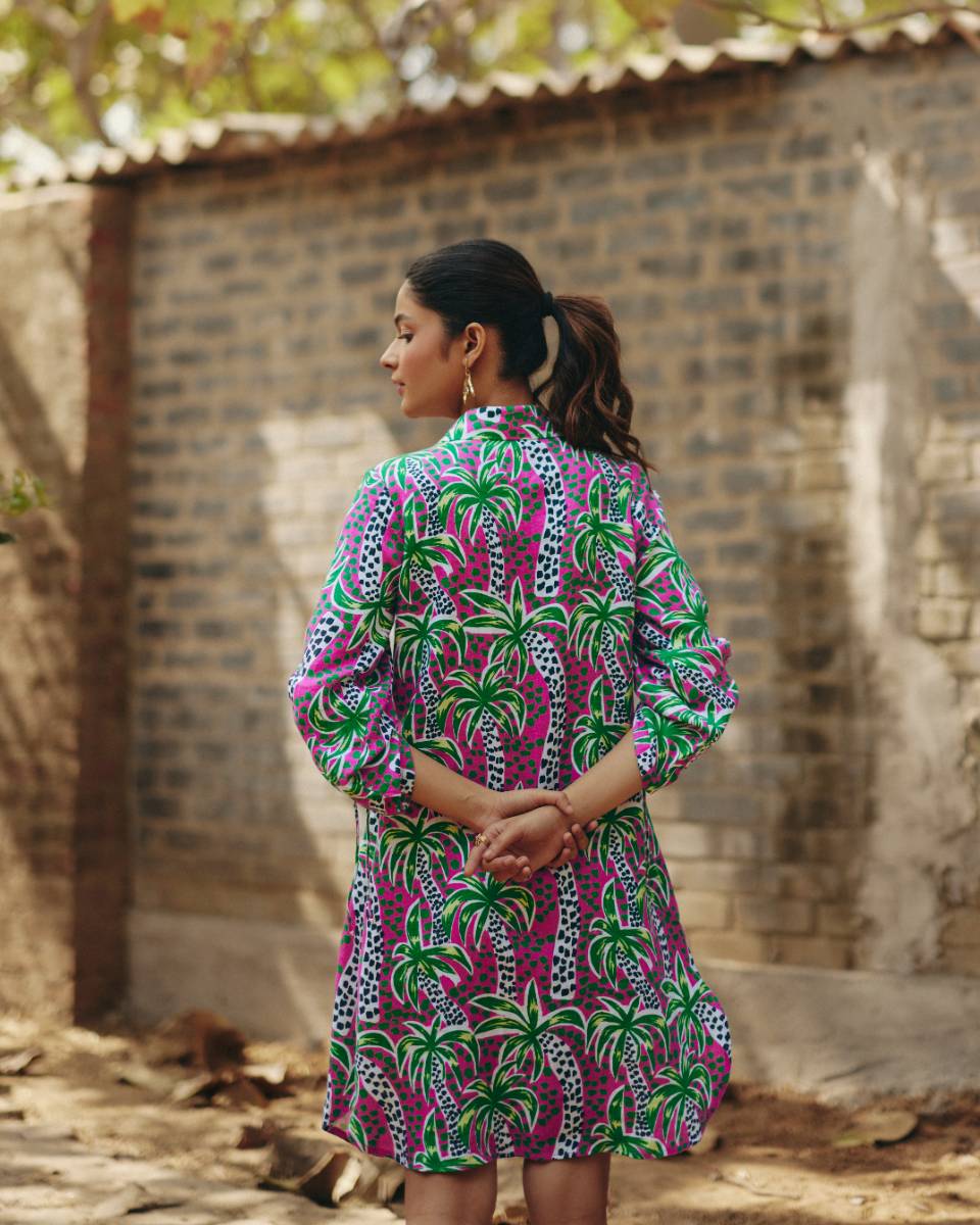 100% Hemp Palm Print Hemp Shirt Dress at Kamakhyaa by Ewoke. This item is 100% Hemp, Holiday wear, Midi Dress, Nostalgia's Thread by Ewoke, Pink, printed dress, Under $150, womens midi dress