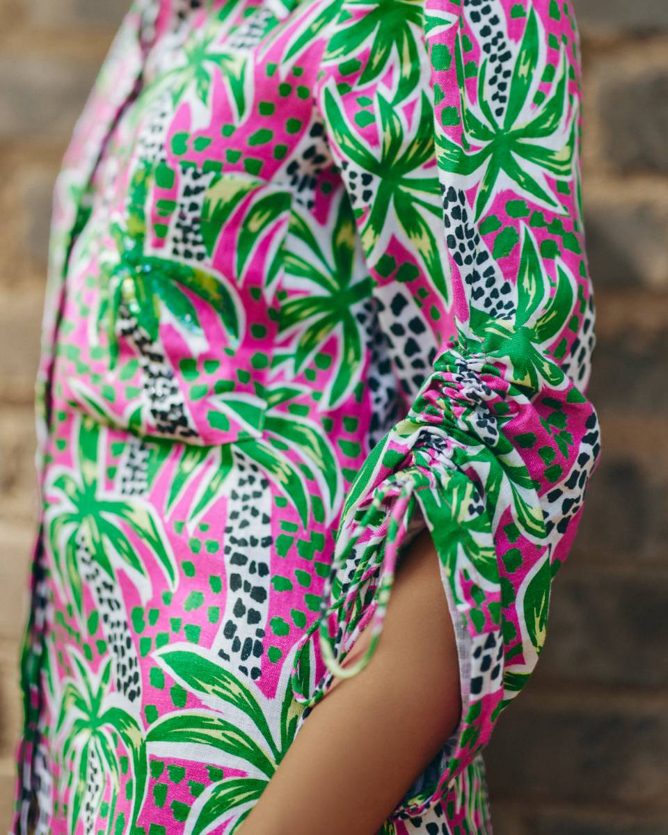 100% Hemp Palm Print Hemp Shirt Dress at Kamakhyaa by Ewoke. This item is 100% Hemp, Holiday wear, Midi Dress, Nostalgia's Thread by Ewoke, Pink, printed dress, Under $150, womens midi dress