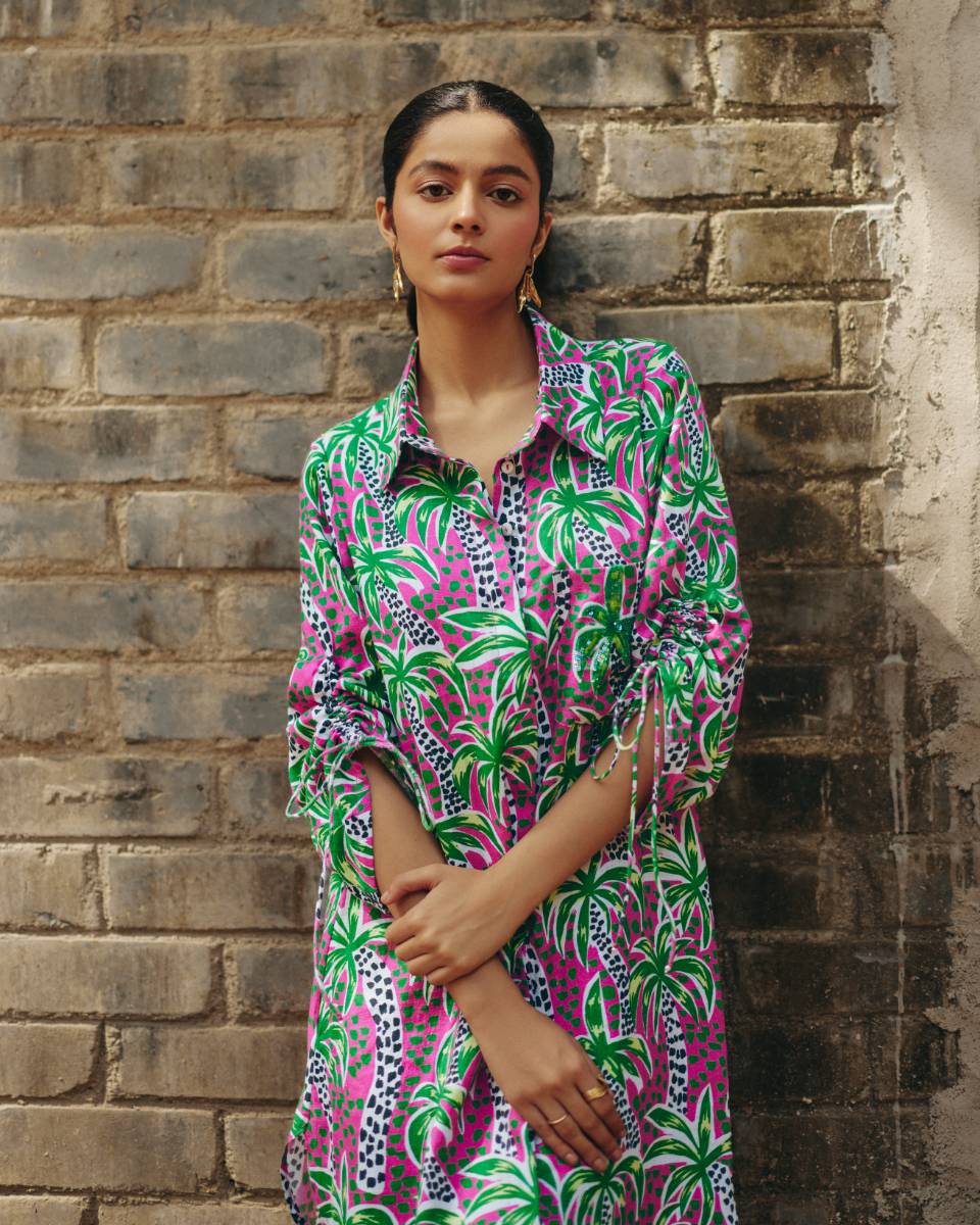 100% Hemp Palm Print Hemp Shirt Dress at Kamakhyaa by Ewoke. This item is 100% Hemp, Holiday wear, Midi Dress, Nostalgia's Thread by Ewoke, Pink, printed dress, Under $150, womens midi dress