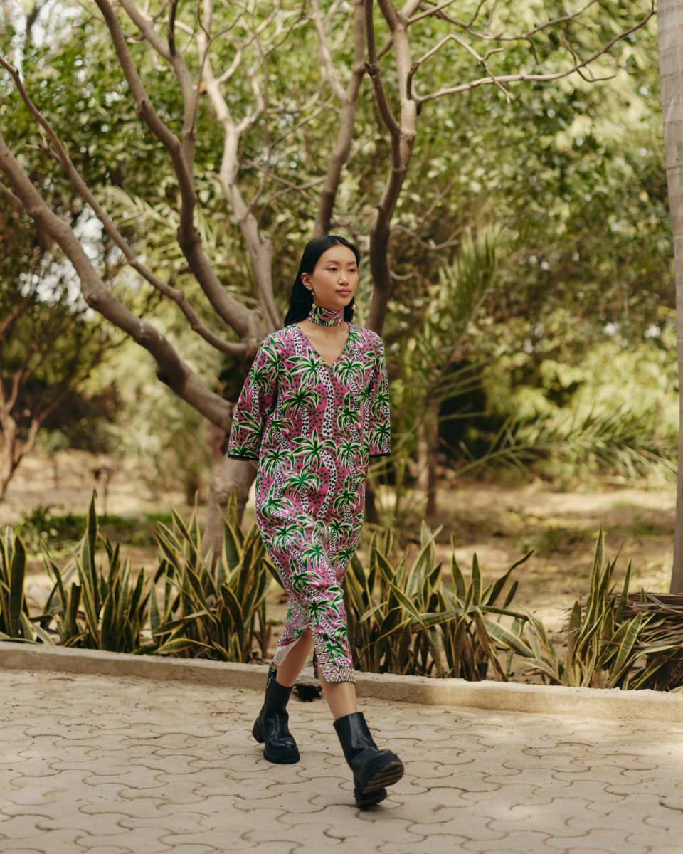 100% Hemp Palm Print Tunic Dress at Kamakhyaa by Ewoke. This item is 100% Hemp, Holiday wear, Midi Dress, Nostalgia's Thread by Ewoke, Pink, printed dress, red dress, Under $100, womens midi dress