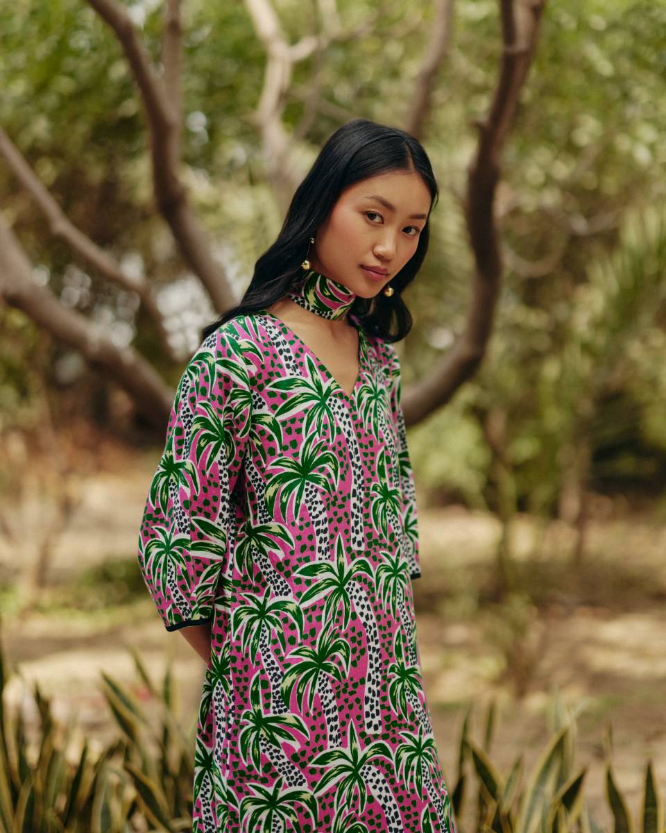 100% Hemp Palm Print Tunic Dress at Kamakhyaa by Ewoke. This item is 100% Hemp, Holiday wear, Midi Dress, Nostalgia's Thread by Ewoke, Pink, printed dress, red dress, Under $100, womens midi dress