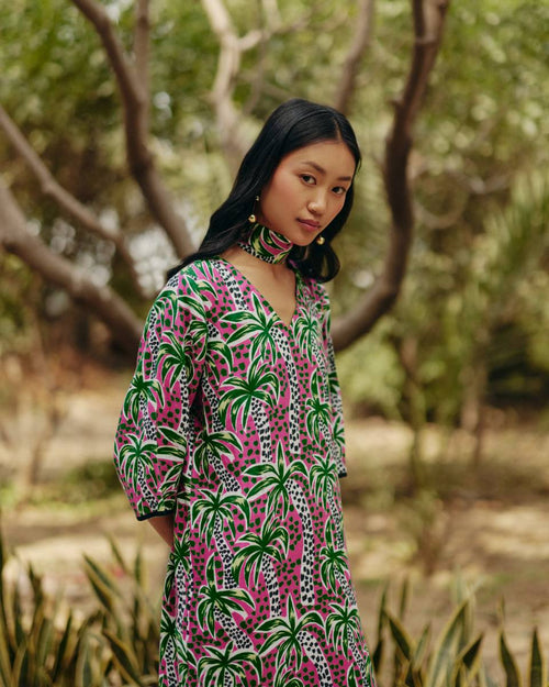 100% Hemp Palm Print Tunic Dress at Kamakhyaa by Ewoke. This item is 100% Hemp, Holiday wear, Midi Dress, Nostalgia's Thread by Ewoke, Pink, printed dress, red dress, Under $100, womens midi dress
