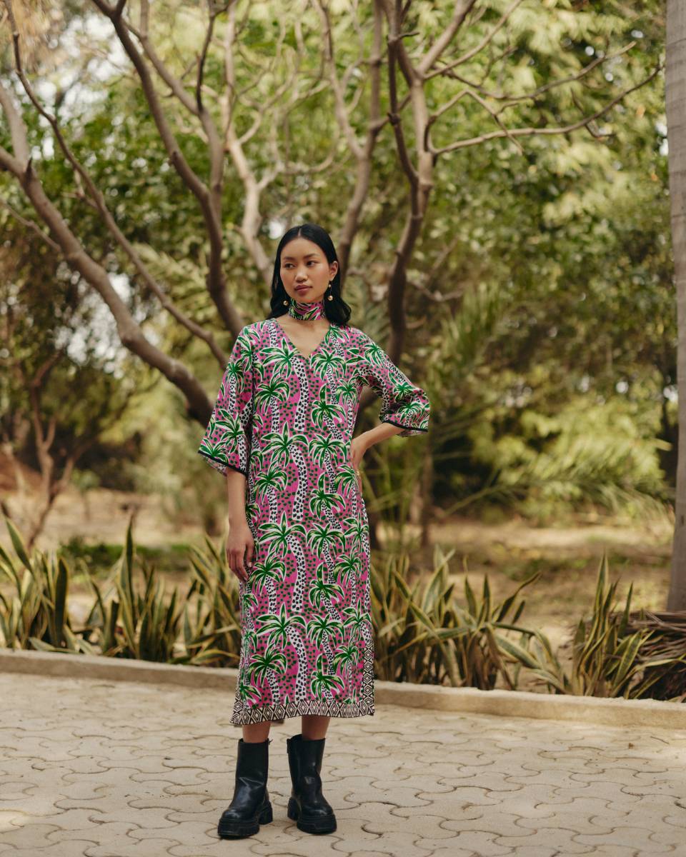 100% Hemp Palm Print Tunic Dress at Kamakhyaa by Ewoke. This item is 100% Hemp, Holiday wear, Midi Dress, Nostalgia's Thread by Ewoke, Pink, printed dress, red dress, Under $100, womens midi dress