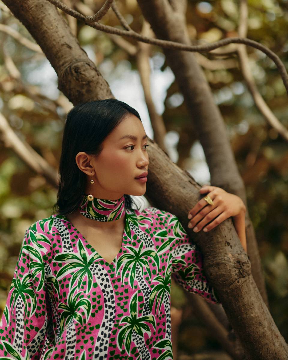 100% Hemp Palm Print Tunic Dress at Kamakhyaa by Ewoke. This item is 100% Hemp, Holiday wear, Midi Dress, Nostalgia's Thread by Ewoke, Pink, printed dress, red dress, Under $100, womens midi dress