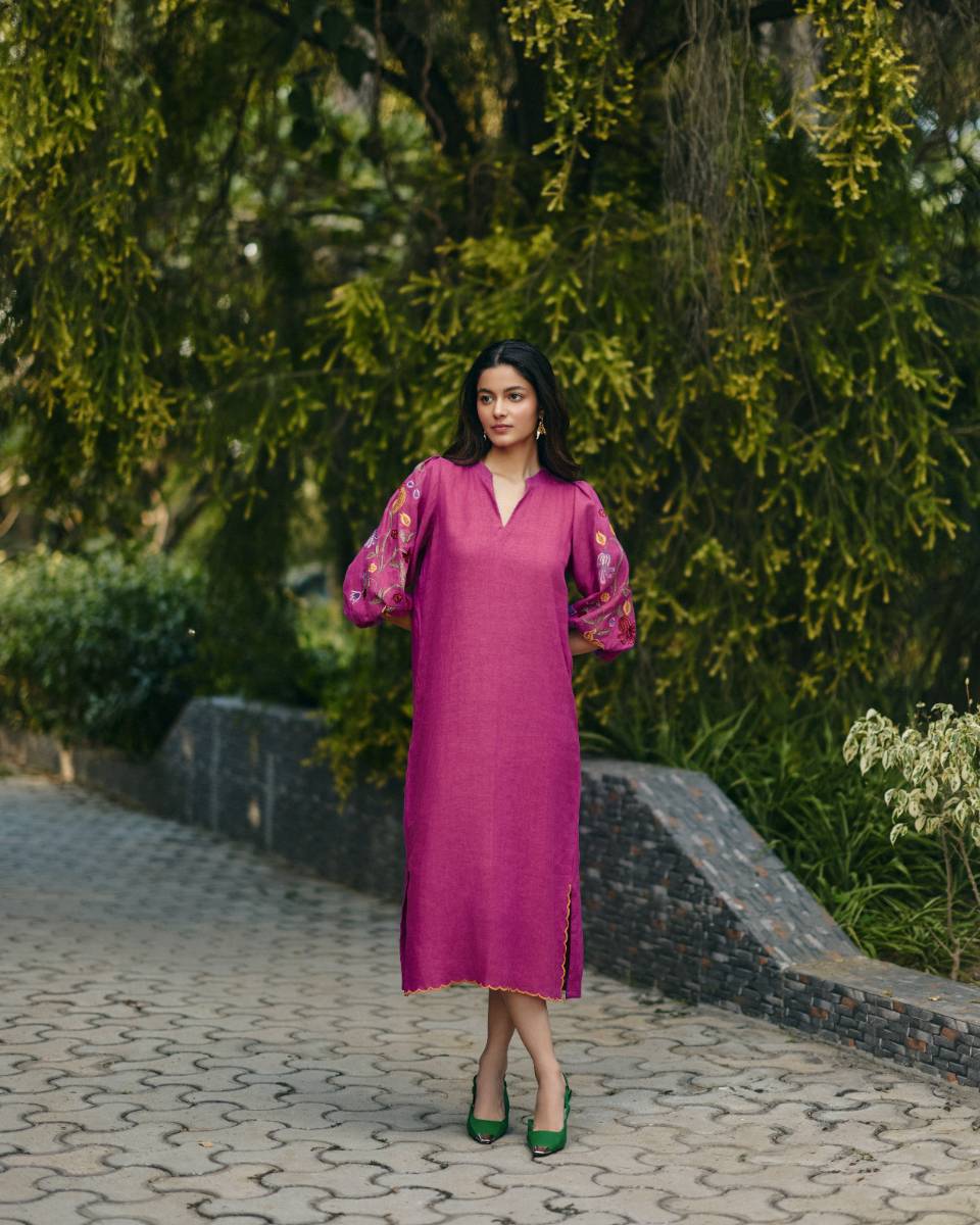 100% Hemp Pink Hemp Dress at Kamakhyaa by Ewoke. This item is 100% Hemp, embroided pink dress, Midi Dress, Nostalgia's Thread by Ewoke, pink dress, printed dress, Under $200, womens midi dress
