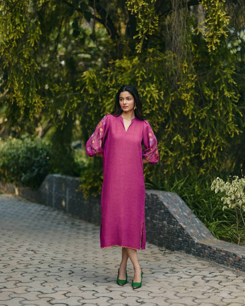 100% Hemp Pink Hemp Dress at Kamakhyaa by Ewoke. This item is 100% Hemp, embroided pink dress, Midi Dress, Nostalgia's Thread by Ewoke, pink dress, printed dress, Under $200, womens midi dress