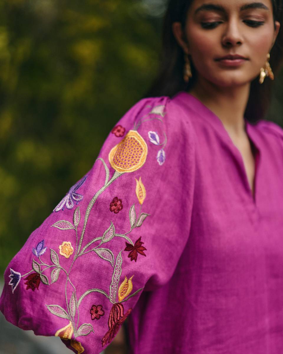 100% Hemp Pink Hemp Dress at Kamakhyaa by Ewoke. This item is 100% Hemp, embroided pink dress, Midi Dress, Nostalgia's Thread by Ewoke, pink dress, printed dress, Under $200, womens midi dress