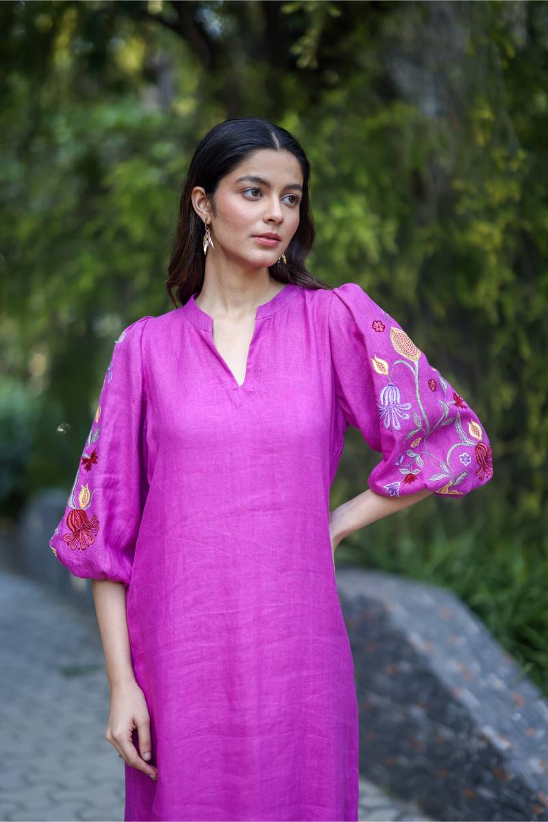 100% Hemp Pink Hemp Dress at Kamakhyaa by Ewoke. This item is 100% Hemp, embroided pink dress, Midi Dress, Nostalgia's Thread by Ewoke, pink dress, printed dress, Under $200, womens midi dress