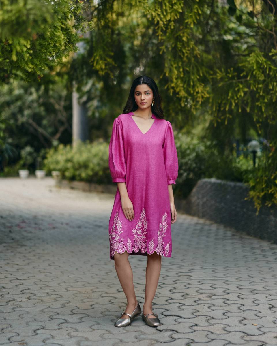 100% Hemp Pink Hemp Midi Dress at Kamakhyaa by Ewoke. This item is 100% Hemp, embroided pink dress, Holiday wear, Midi Dress, Nostalgia's Thread by Ewoke, Pink, pink dress, printed dress, Under $200, womens midi dress