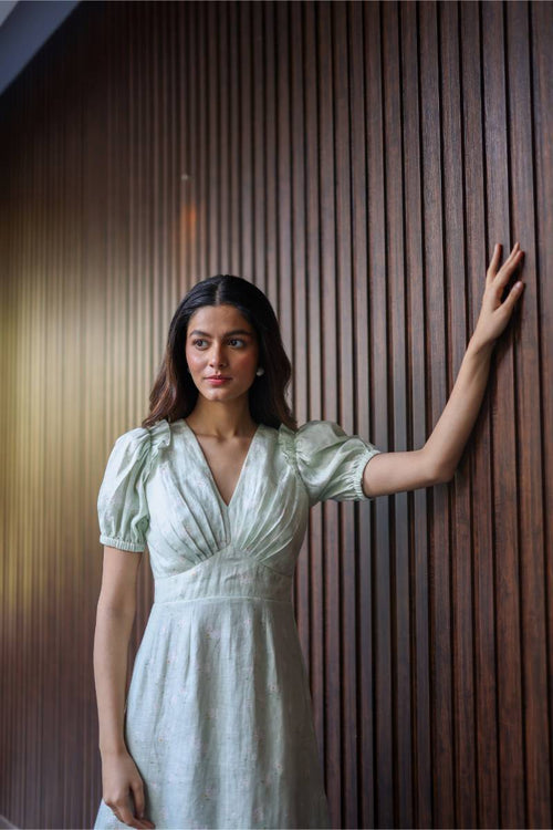 100% Hemp Sage Green Hemp Mini Dress at Kamakhyaa by Ewoke. This item is 100% Hemp, hemp dress, Holiday wear, Nostalgia's Thread by Ewoke, printed dress for women, Sage Green, sage green dress, sustainable fashion, Under $200