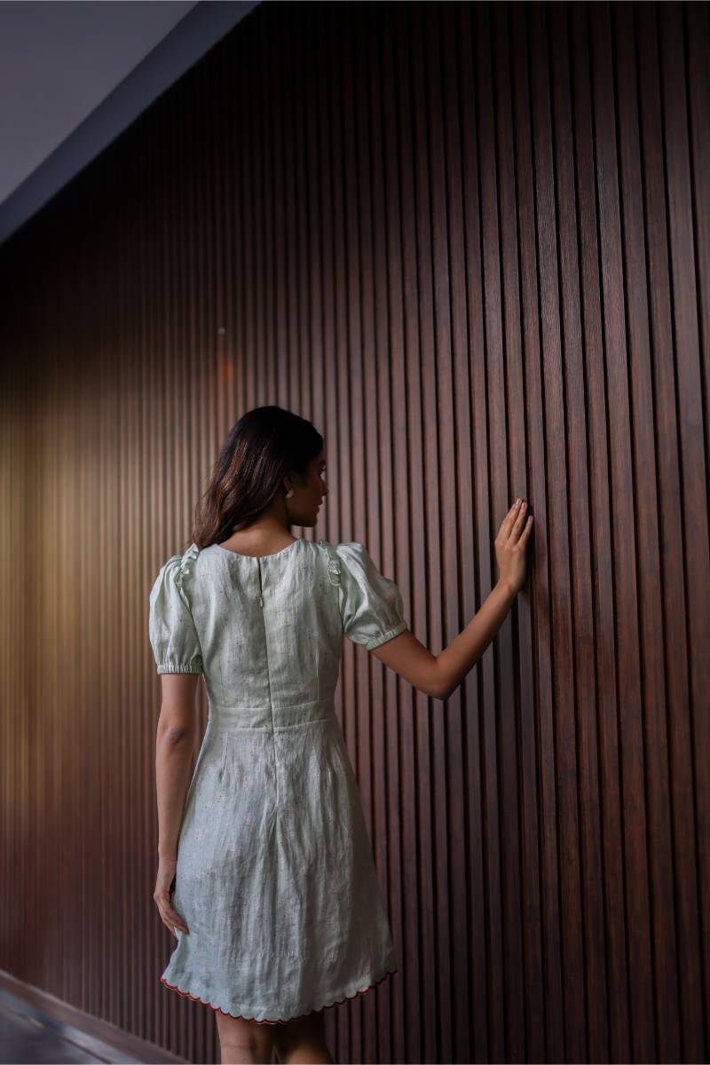 100% Hemp Sage Green Hemp Mini Dress at Kamakhyaa by Ewoke. This item is 100% Hemp, hemp dress, Holiday wear, Nostalgia's Thread by Ewoke, printed dress for women, Sage Green, sage green dress, sustainable fashion, Under $200