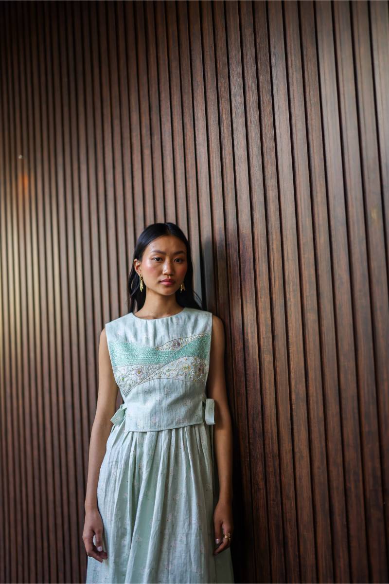 100% Hemp Sage Hemp Print Midi Dress at Kamakhyaa by Ewoke. This item is 100% Hemp, hemp dress, Holiday wear, Nostalgia's Thread by Ewoke, printed dress for women, Sage Green, sage green dress, sustainable fashion, Under $200