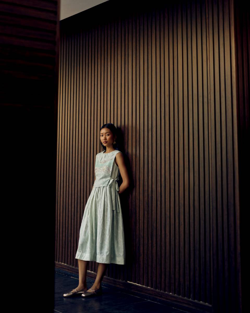 100% Hemp Sage Hemp Print Midi Dress at Kamakhyaa by Ewoke. This item is 100% Hemp, hemp dress, Holiday wear, Nostalgia's Thread by Ewoke, printed dress for women, Sage Green, sage green dress, sustainable fashion, Under $200