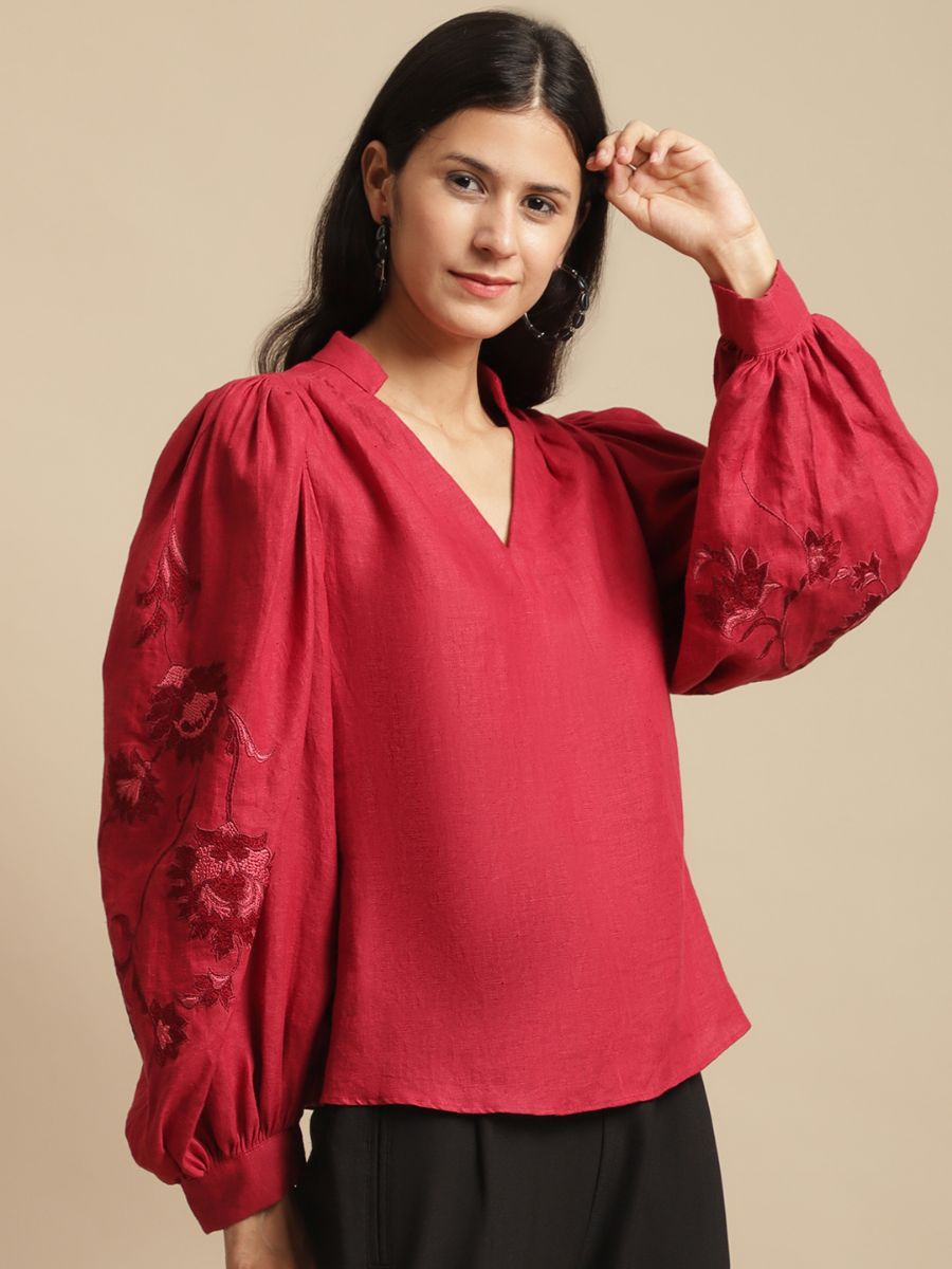 100% Hemp Vivienne Hemp Top Red at Kamakhyaa by Ewoke. This item is 100% Hemp, embroidered top, Hemp, hemp top, Nostalgia's Thread by Ewoke, statement sleeves top, Under $150, white classic top