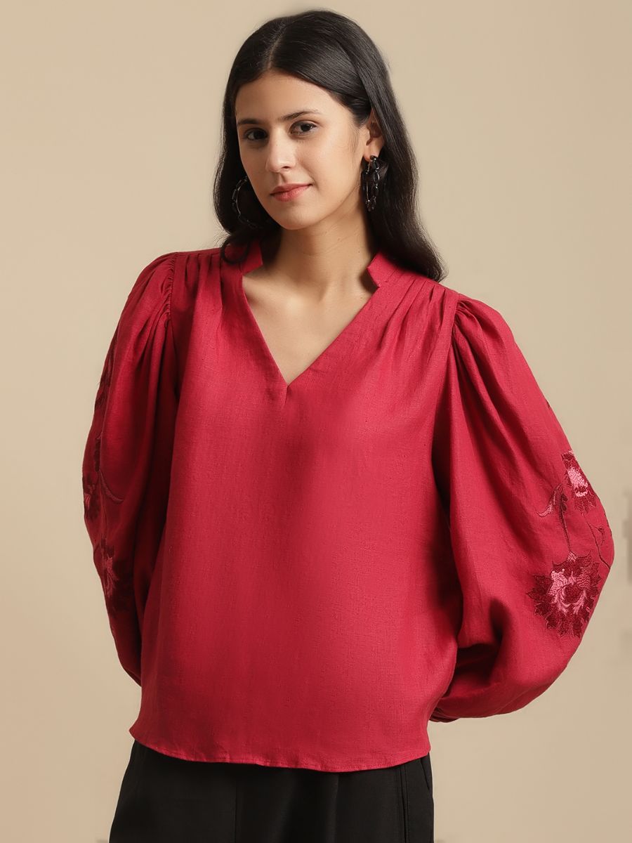 100% Hemp Vivienne Hemp Top Red at Kamakhyaa by Ewoke. This item is 100% Hemp, embroidered top, Hemp, hemp top, Nostalgia's Thread by Ewoke, statement sleeves top, Under $150, white classic top