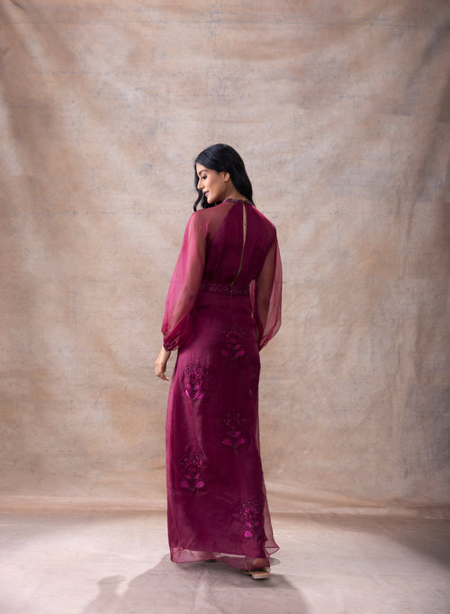 A-Line Embroidered Gown at Kamakhyaa by Akashi Clothing. This item is A Line Dresses, Evening Wear, Festive Gowns, Hand Embroidered, Long Dresses, missing, Modal Satin, Organza, Party Wear, Regular Fit, Wine, Womenswear, Zaira by Akashi Clothing