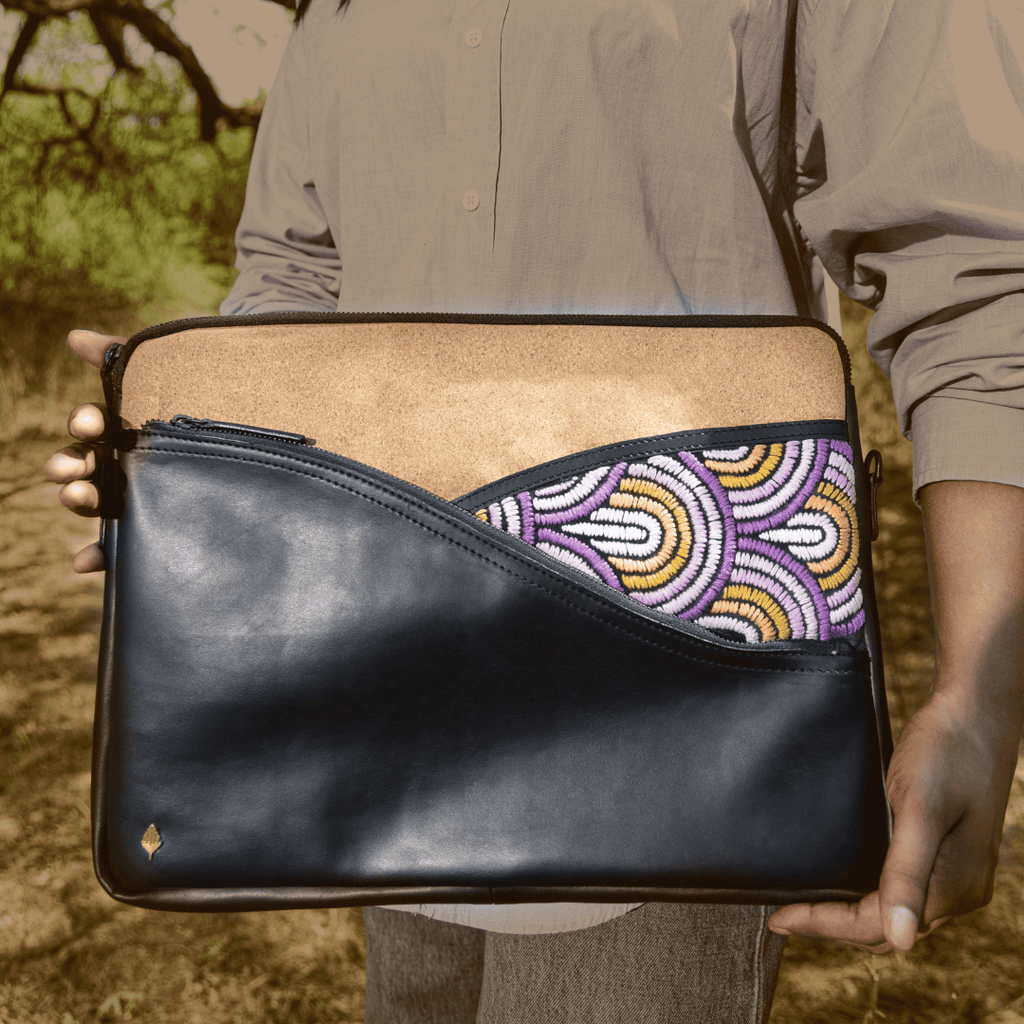 Acacia Vegan Leather Laptop Sleeve - Black at Kamakhyaa by Green Hermitage. This item is A Walk in the Forest by Green Hermitage, Banana Leather, Black, Laptop Bags, Under $50