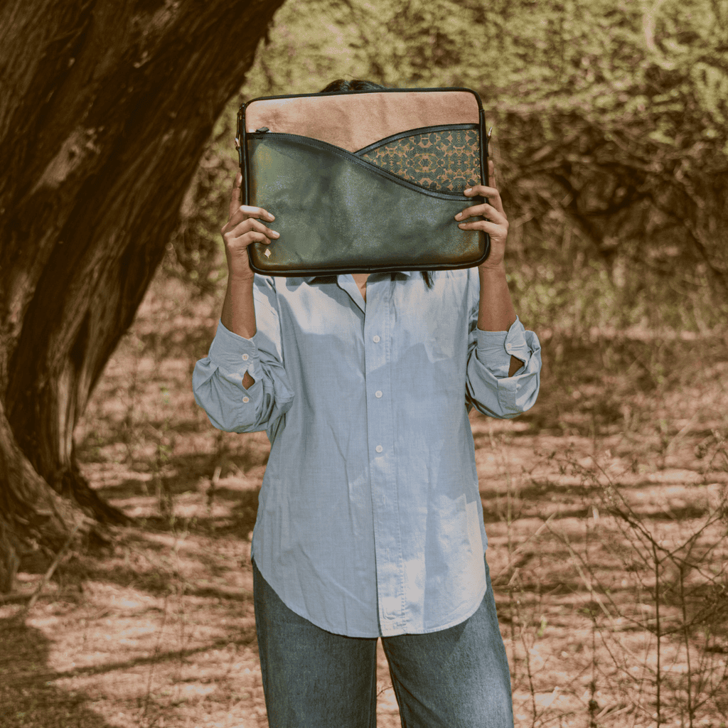 Acacia Vegan Leather Laptop Sleeve - Olive at Kamakhyaa by Green Hermitage. This item is A Walk in the Forest by Green Hermitage, Banana Leather, Laptop Bags, Olive Green, Under $50
