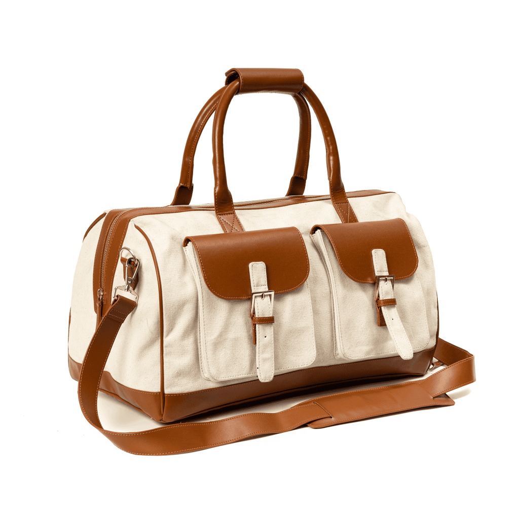 Ajax Vegan Leather Duffle Bag -Beige at Kamakhyaa by Green Hermitage. This item is A Walk in the Forest by Green Hermitage, Banana Leather, Beige, Canvas, Duffle Bags, Under $50