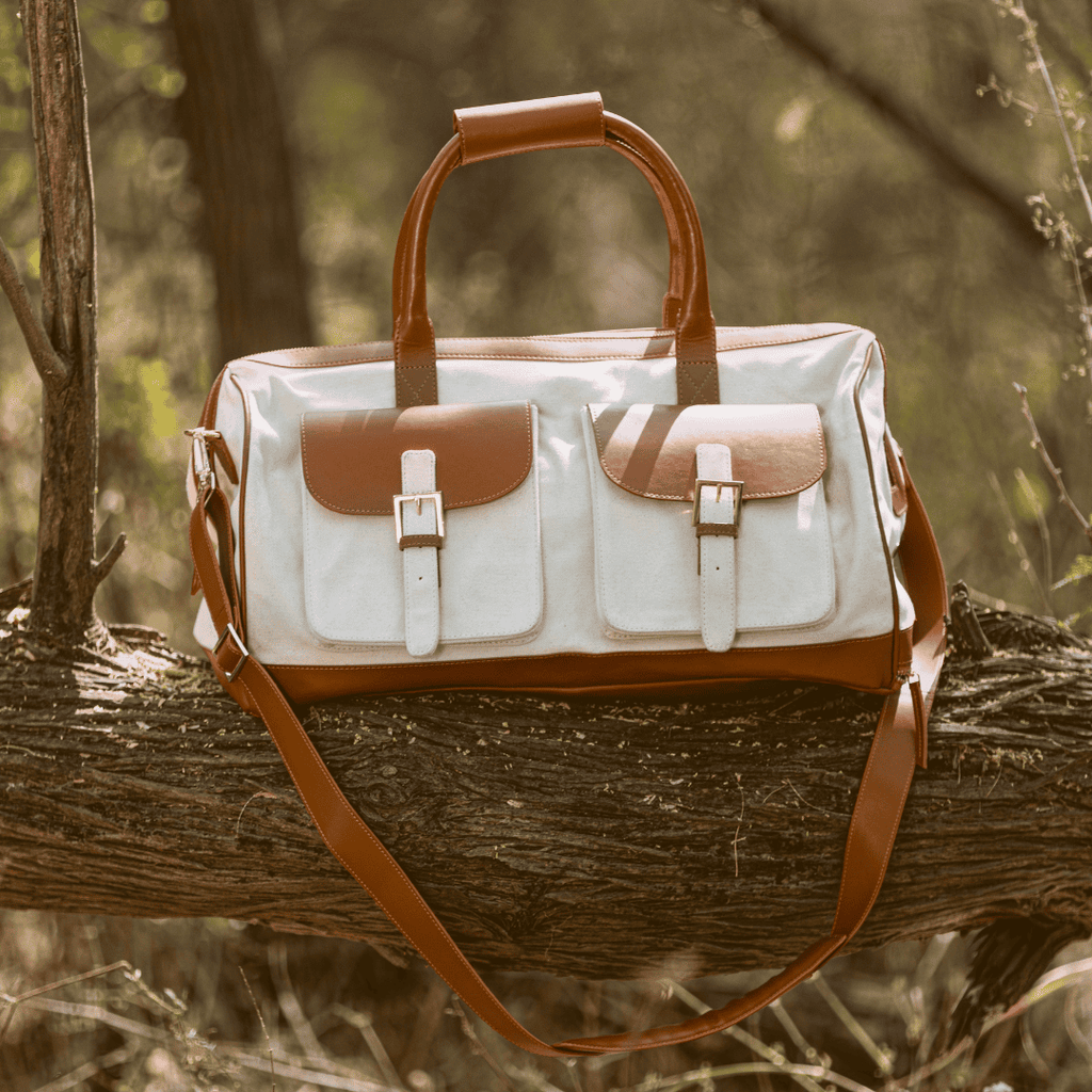 Ajax Vegan Leather Duffle Bag -Beige at Kamakhyaa by Green Hermitage. This item is A Walk in the Forest by Green Hermitage, Banana Leather, Beige, Canvas, Duffle Bags, Under $50