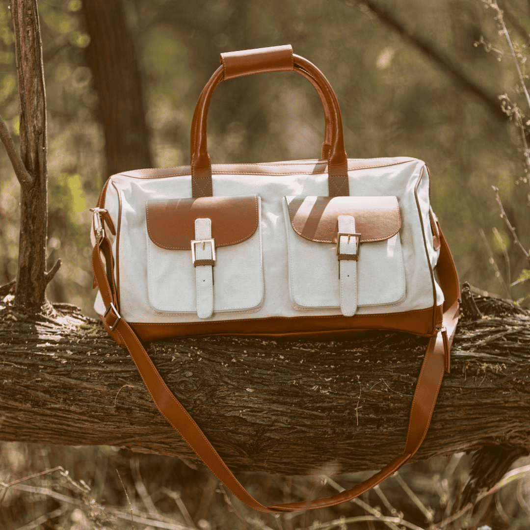 Ajax Vegan Leather Duffle Bag -Beige at Kamakhyaa by Green Hermitage. This item is A Walk in the Forest by Green Hermitage, Banana Leather, Beige, Canvas, Duffle Bags, Under $50