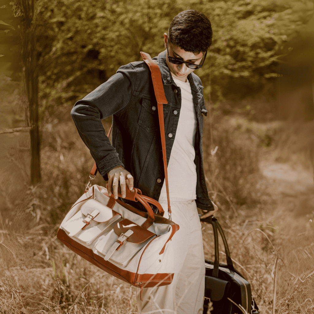 Ajax Vegan Leather Duffle Bag -Beige at Kamakhyaa by Green Hermitage. This item is A Walk in the Forest by Green Hermitage, Banana Leather, Beige, Canvas, Duffle Bags, Under $50