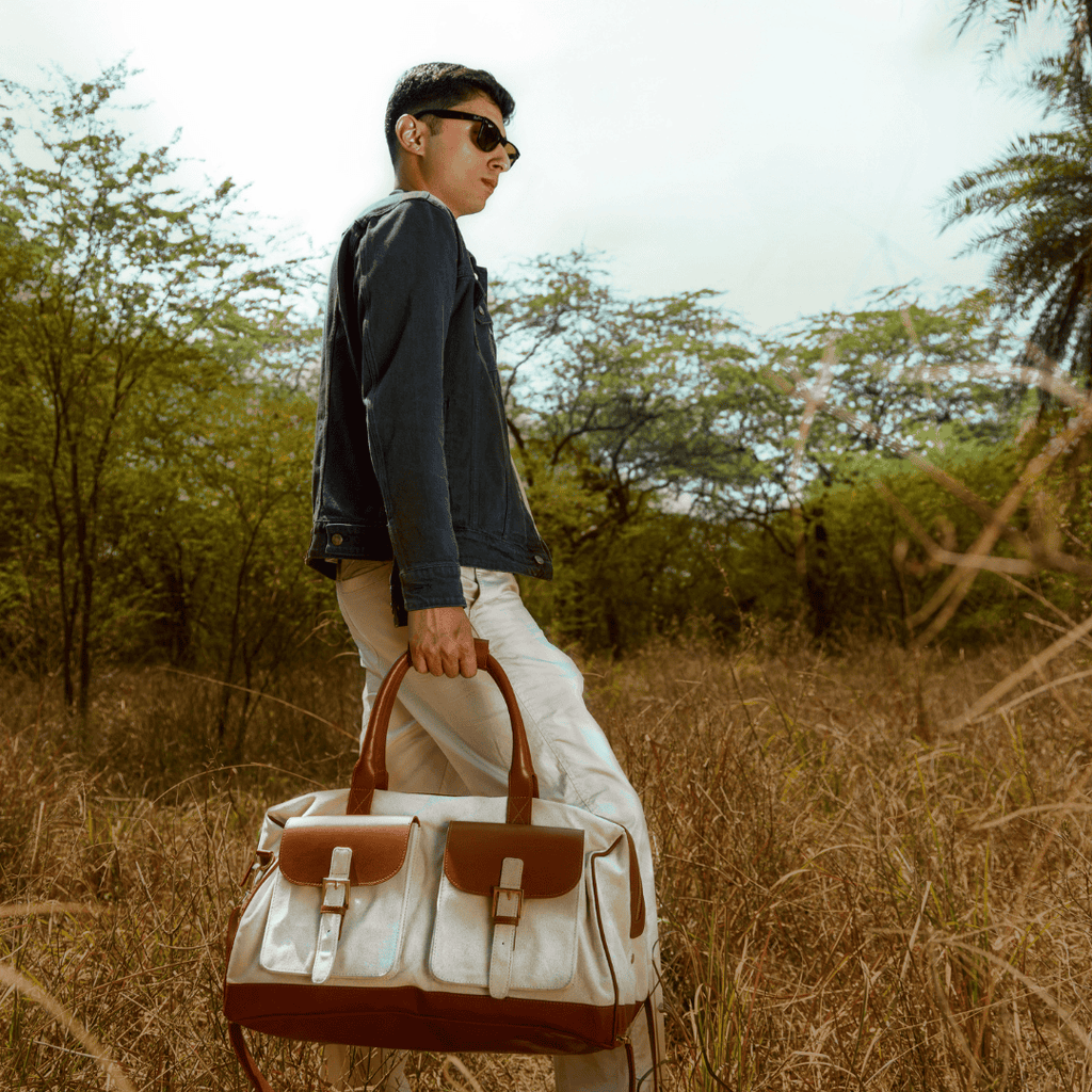 Ajax Vegan Leather Duffle Bag -Beige at Kamakhyaa by Green Hermitage. This item is A Walk in the Forest by Green Hermitage, Banana Leather, Beige, Canvas, Duffle Bags, Under $50