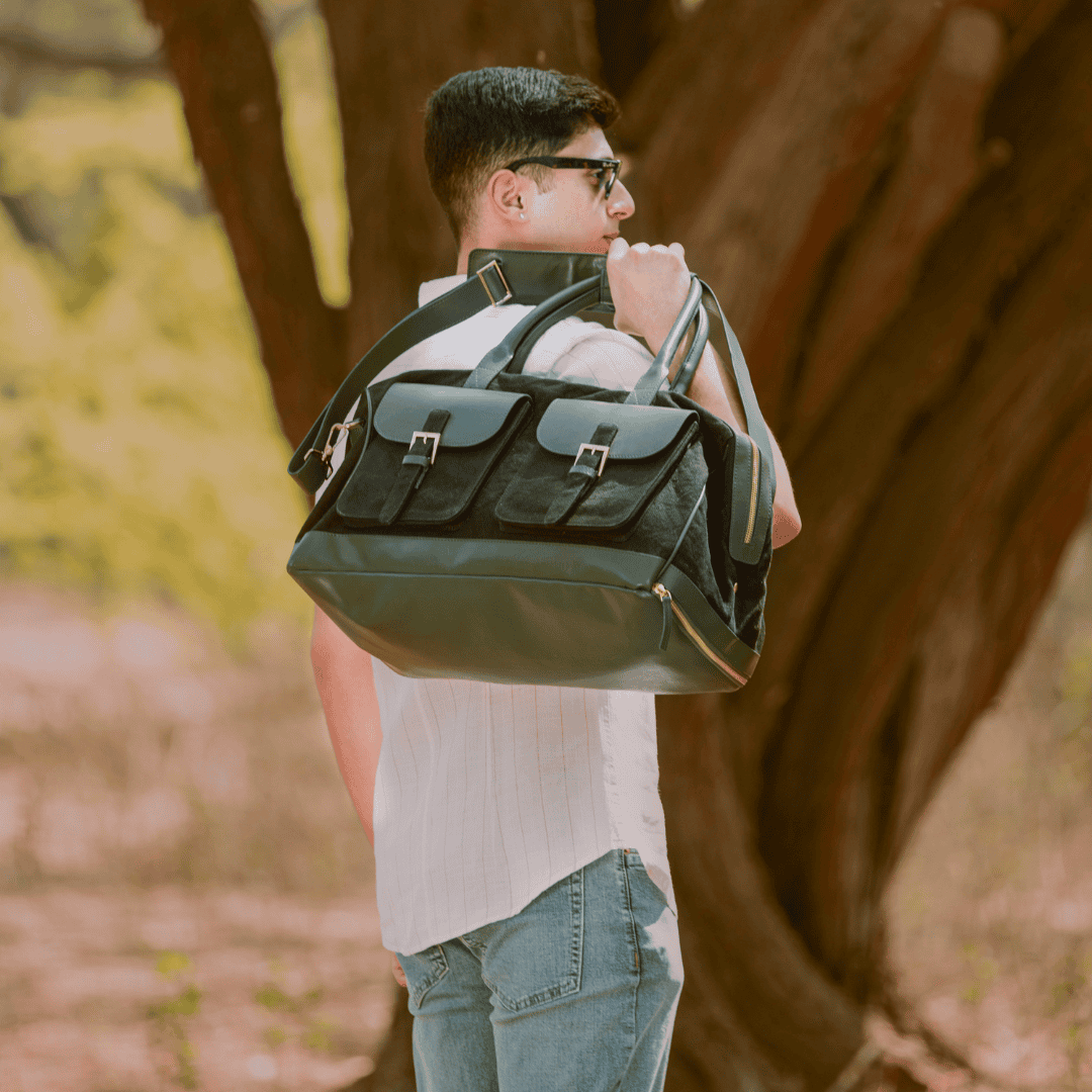 Ajax Vegan Leather Duffle Bag - Black at Kamakhyaa by Green Hermitage. This item is A Walk in the Forest by Green Hermitage, Banana Leather, Black, Canvas, Duffle Bags, Under $50