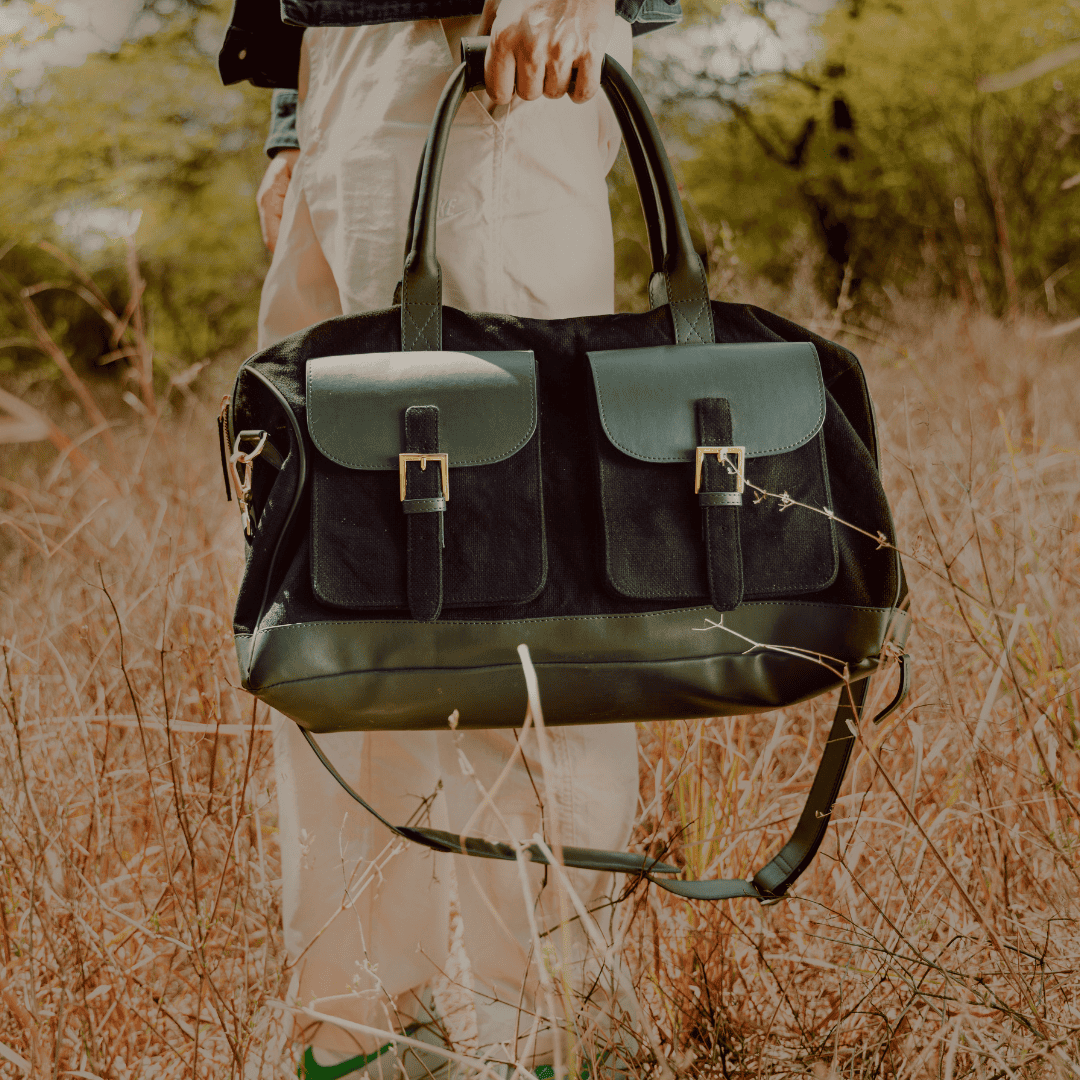 Ajax Vegan Leather Duffle Bag - Black at Kamakhyaa by Green Hermitage. This item is A Walk in the Forest by Green Hermitage, Banana Leather, Black, Canvas, Duffle Bags, Under $50