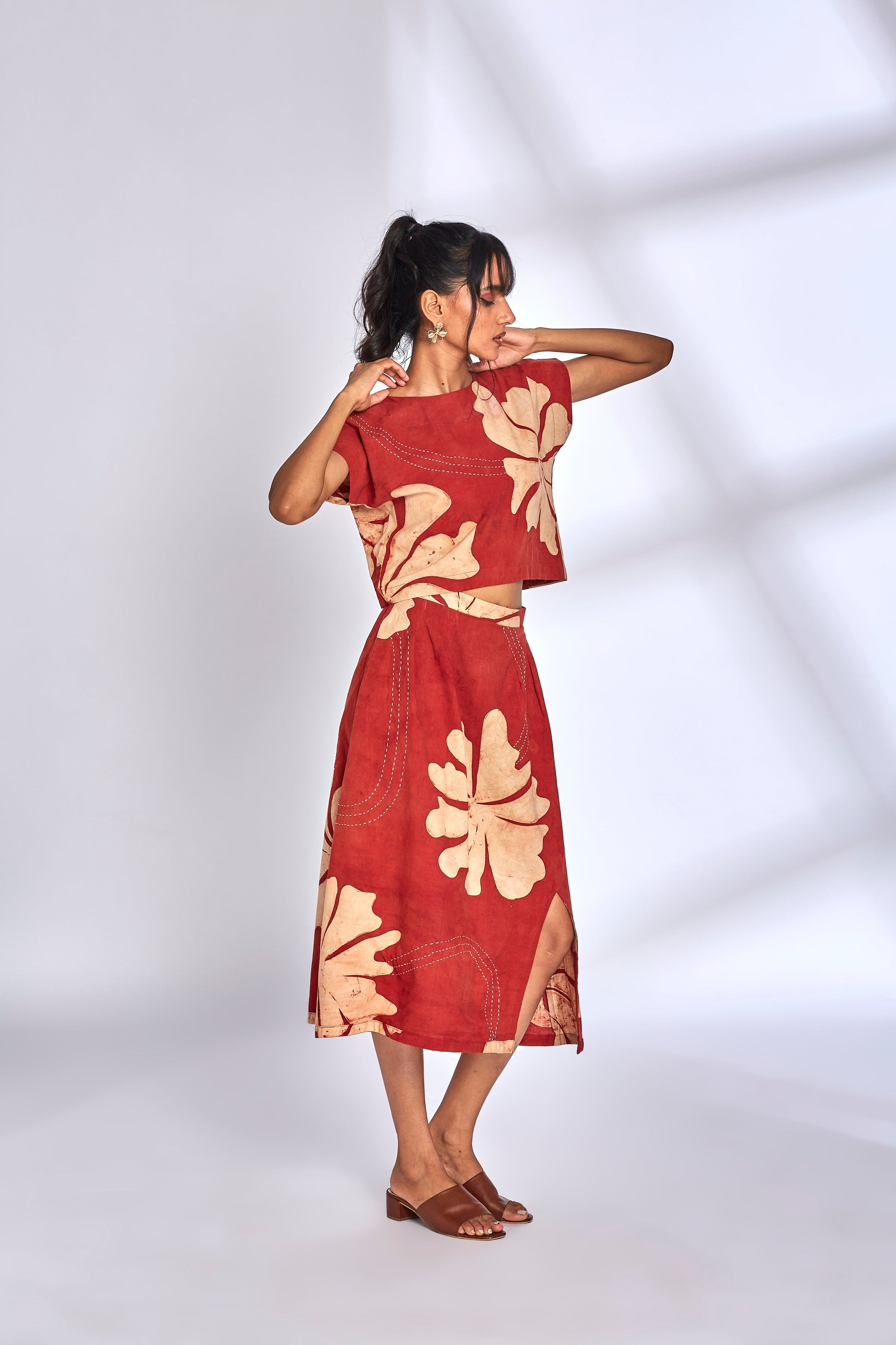 Ajrakh Hand Painted Skirt Set at Kamakhyaa by Hasttvam. This item is Cotton, Floral, Fusion Wear, Natural dyes, Printed, Red, Relaxed Fit, Respondible production and Vegan, Skirt Sets