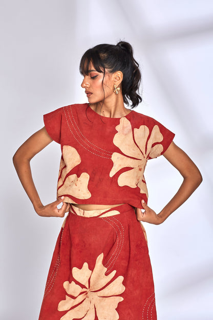 Ajrakh Hand Painted Skirt Set at Kamakhyaa by Hasttvam. This item is Cotton, Floral, Fusion Wear, Natural dyes, Printed, Red, Relaxed Fit, Respondible production and Vegan, Skirt Sets