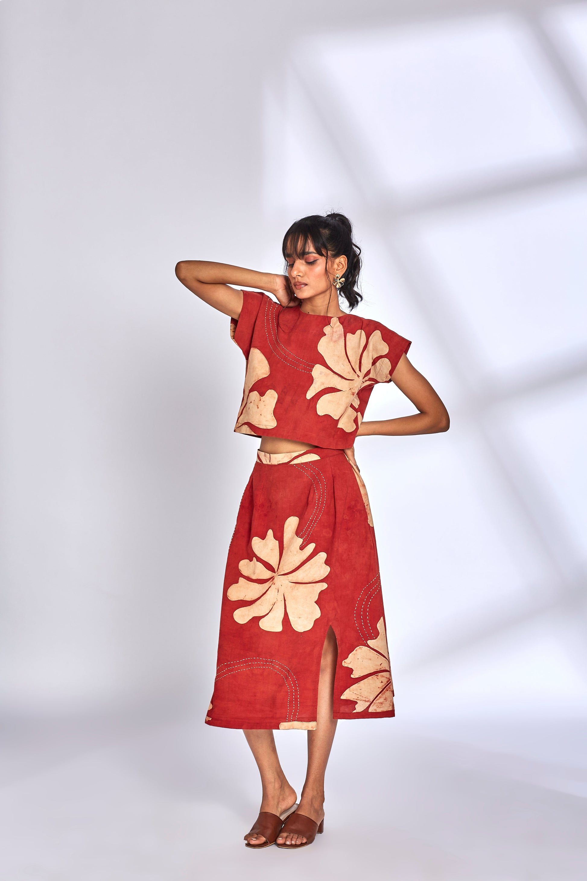 Ajrakh Hand Painted Skirt Set at Kamakhyaa by Hasttvam. This item is Cotton, Floral, Fusion Wear, Natural dyes, Printed, Red, Relaxed Fit, Respondible production and Vegan, Skirt Sets